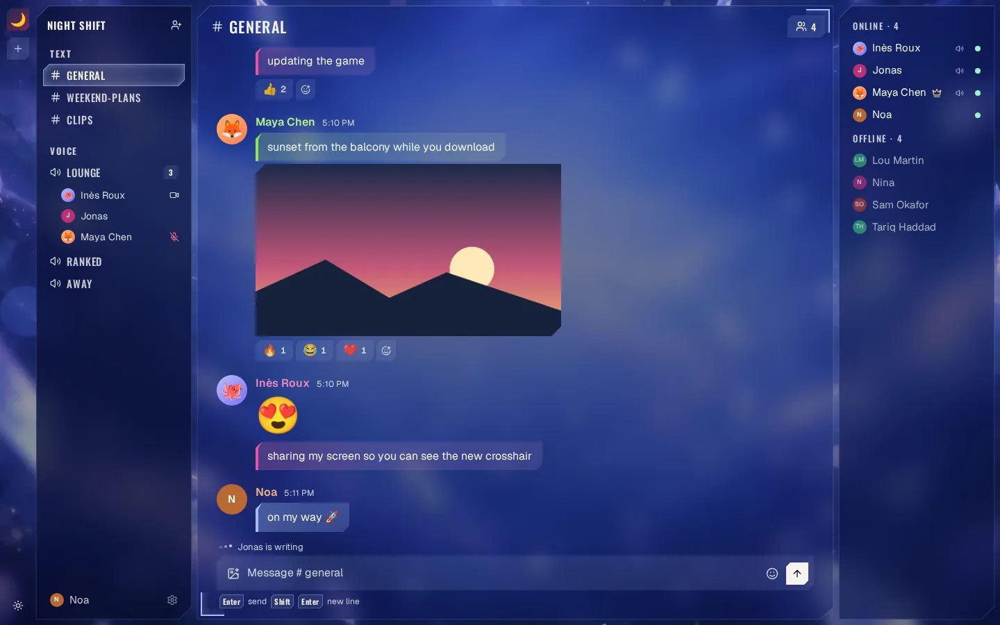 A Shard server called Night Shift: its channels on the left, a conversation with reactions and a picture in the middle, who is online on the right.